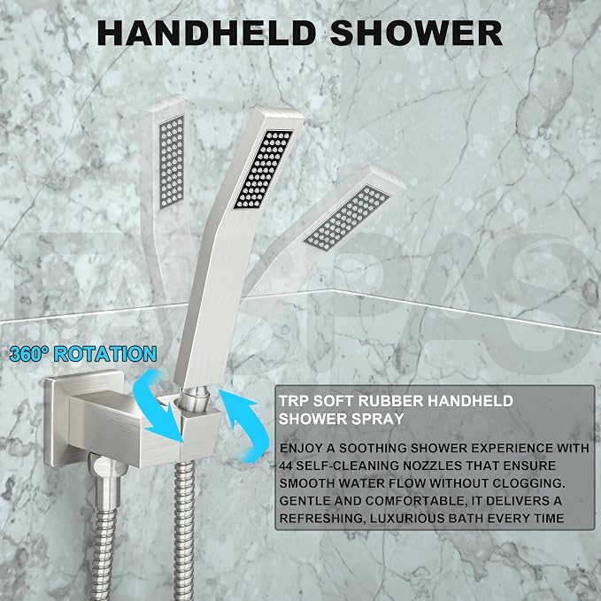 Brushed Nickel Shower System with 10-Inch Rain Showerhead and Tub Spout | cUPC-certified pressure balance brass valve to prevent scalding, CEC-certified air injection technology for low pressure