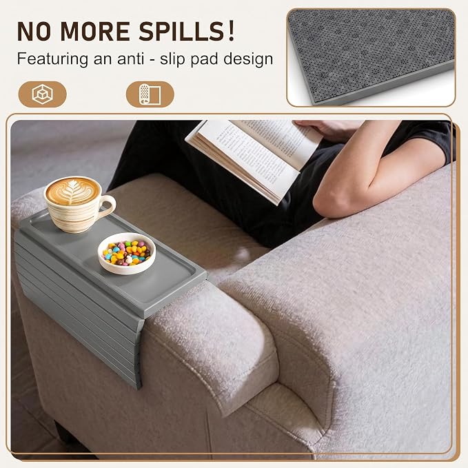 Grey Acacia Wood Couch Armrest Table, Couch Arm Tray, Foldable Anti-Slip Bamboo Couch Tray, Sofa Cup Holder for Drink Snacks Remote Control