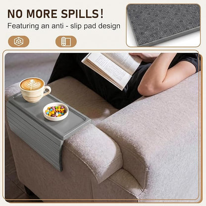Grey Acacia Wood Couch Armrest Table, Couch Arm Tray, Foldable Anti-Slip Bamboo Couch Tray, Sofa Cup Holder for Drink Snacks Remote Control