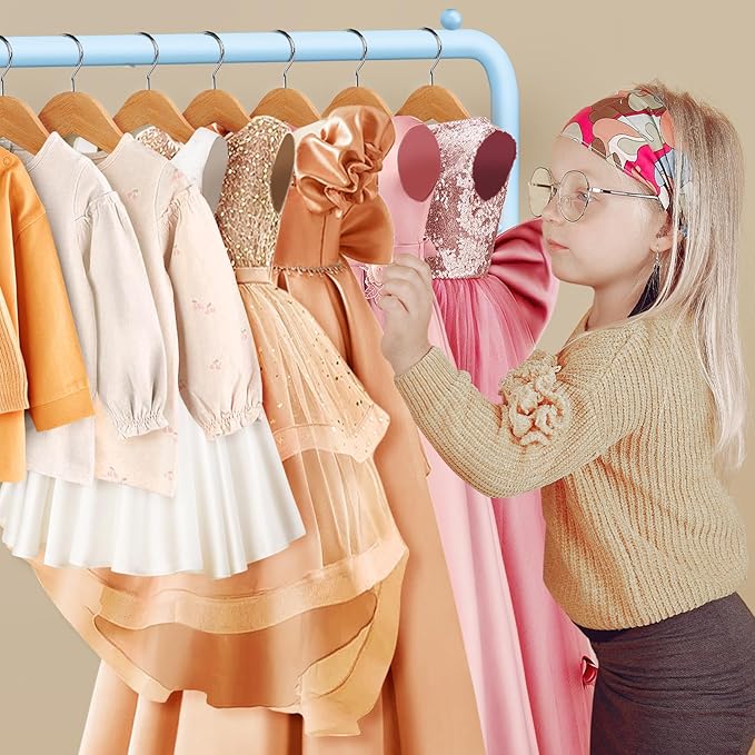 Kids Clothing Rack - Dress Up Clothes Storage Racks - Modern Wardrobe - Small Kids Costume Wardrobe Rack with 2 Fabric Floors Storage Shelf -Blue Dresser for Kids Bedroom