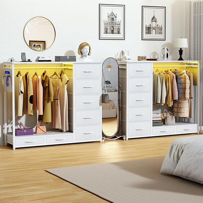 Dresser with Hanging Rack, Dresser for Bedroom with Led Lights and Charging Station, 7 Drawers Storage Chest with Hooks and Clothes Rack, Nursery White