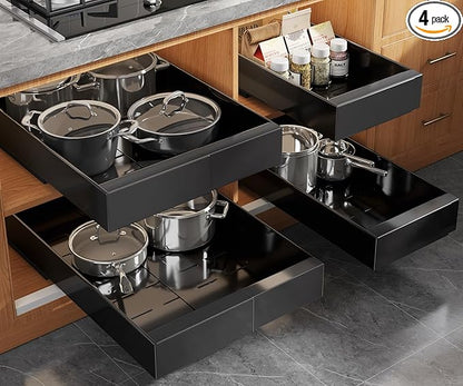 Seinloes 4 Pack Expandable (9"-14") Pull Out Cabinet Organizer 21" Deep With Raising Pad for Framed Cabinets,Upgrade 3 Slide Rails Slide Out Drawers,No Drill Roll Out Shelves Adhesive,Black