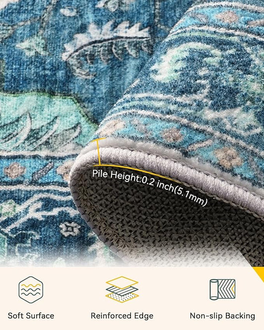 RELEANY Area Rugs 7'x10' Washable Non-Slip, Floral Vintage Distress Medallion Carpet for Living Room Bedroom Dining Room, Teal Green Lake Blue Turquoise
