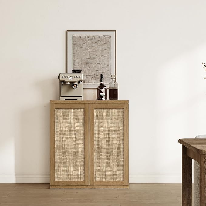 SICOTAS Rattan Buffet Sideboard Cabinet - Large Boho Coffee Bar Cabinet with Storage & Adjustable Shelves, Farmhouse Console Table Credenza Stand for Living Room, Dining Room, Entryway, Oak
