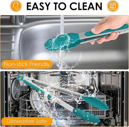 HOTEC Premium Stainless Steel Locking Kitchen Tongs with Silicon Tips, Set of 2-9" and 12", Turquoise