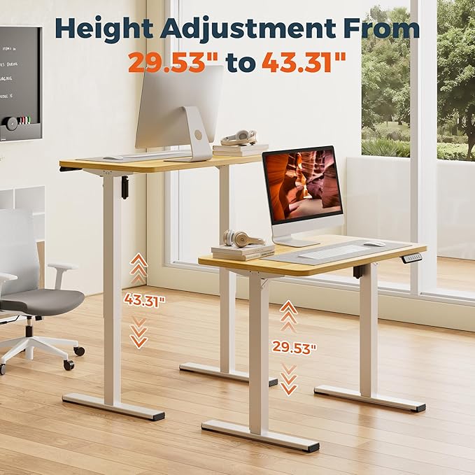 One-Piece Standing Desk 40 x 24 Inches, Small Adjustable Height Desk for Small Space Electric Sit Stand Desks Home Office Computer Workstation, Maple