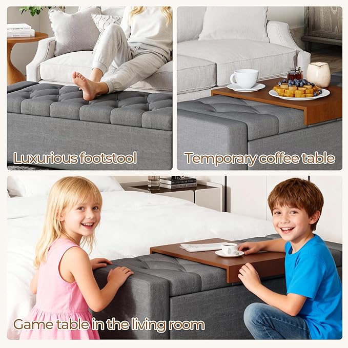 Storage Ottoman Bench with Tray,Large Entryway Ottoman with Storage, Rectangular Bench with Cushion and Safety Hinge for Living Room Bedroom