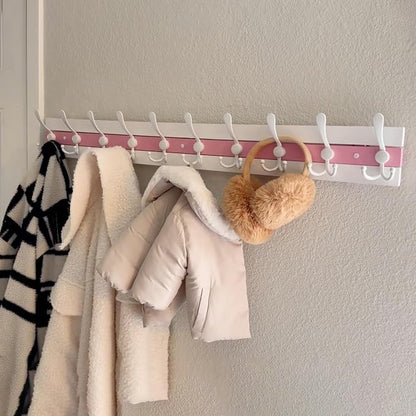 SKOLOO Coastal Wall Mounted Coat Rack - 38-1/8" Beach House Entryway Wooden Coat Hook with 10 Hooks for Hanging Coats, Hats or Towels, Oceanfront Cottage Core Collection, White & Palm Beach Pink