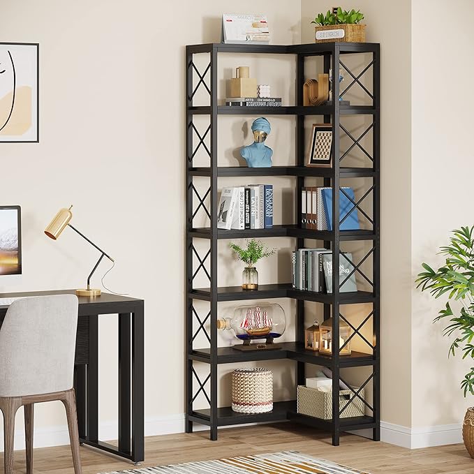 Tribesigns 7-Shelf Corner Bookshelf,Large Modern Corner Bookcase, 7-Tier Tall Corner Shelf Storage Display Rack with Metal Frame for Living Room Home Office (Black)