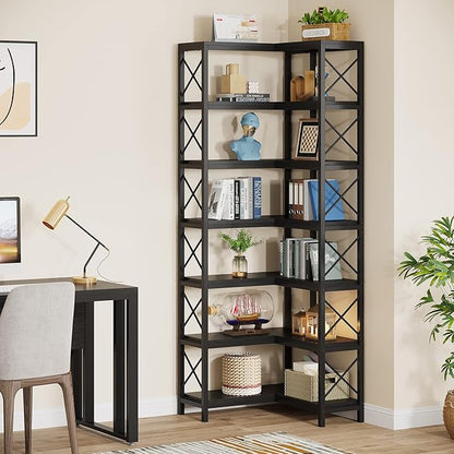 Tribesigns 7-Shelf Corner Bookshelf,Large Modern Corner Bookcase, 7-Tier Tall Corner Shelf Storage Display Rack with Metal Frame for Living Room Home Office (Black)