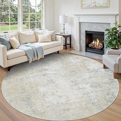Round Rug 8ft Circle Rug Washable: Carpet Circular Area Rug for Entryway Kitchen Bedroom Dining Room Living Room Large 8 Feet Abstract College Dorm Non Slip Low Pile Beige Grey