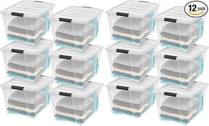 IRIS USA 12-Pack 54 Quart Stackable Storage Bins with Lids [Made in USA] - Everyday Organizer Latching Clear Plastic Organization Containers Closet Bedroom Shelving Units Home Storage - Clear/White