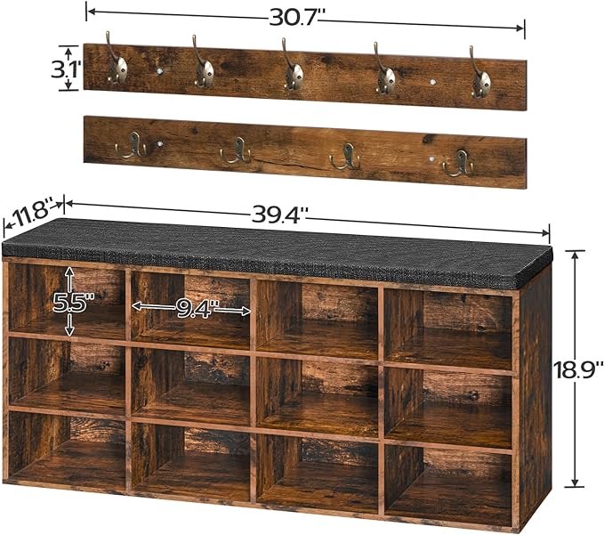 HOOBRO Shoe Storage Bench with Cushion, 39.4" L Entryway Bench with 12 Cubbies, Entryway Hall Tree with Storage, Shoe Cabinet with Coat Rack for Bedroom, Hallway, Holds up to 330 lb, BF112HX01G1
