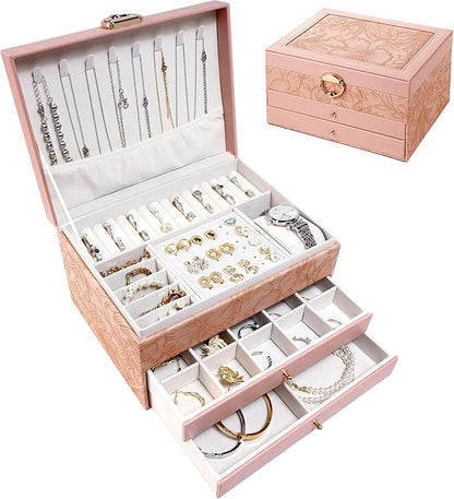 Jewelry Organizer Box, Large Jewelry Boxes for Women, 3-Layer Jewelry Holder Organizer for Necklace Earrings Rings Bracelets Storage, Gift for Her Mom