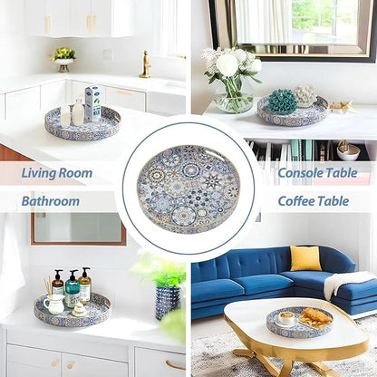 Round Serving Tray with Handles - Boho Coffee Table Tray Ottoman Tray,Large Trays for Ottoman Coffee Table,Modern Decorative Trays for Living Room