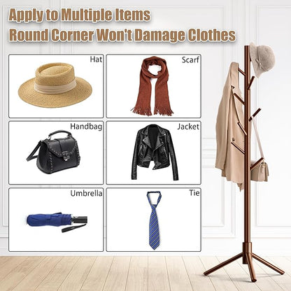 Wooden Coat Rack Stand, Freestanding Coat Rack with 8 Hooks, 3 Adjustable Size Coat Tree for Hats, Coats, Scarves bags, Coat Hanger Stand Used in Bedroom/Office/Entryway （Brown）