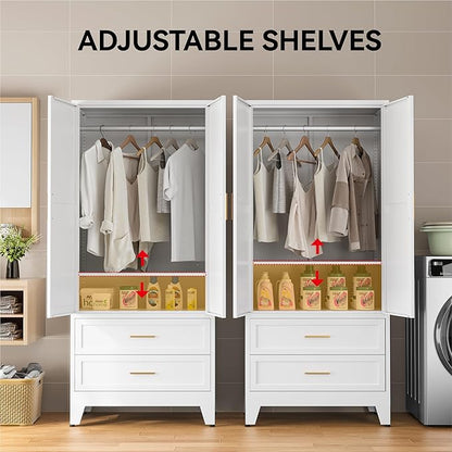 COFaR 71" Metal Wardrobe Closet with 2 Drawers & Hanging Rod, Freestanding Armoire Storage Cabinet with Adjustable Shelf and 2 Doors, White Steel Closet Organizer for Bedroom