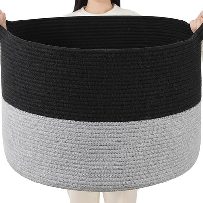 Foldable Laundry Hamper Basket with Collapsible Handle Cotton Rope Soft Woven Fabric Storage Organizer Clothes Toys Nursery Bedroom Dorm Space Saving Bin (Black & Grey, 115L(23.6"D x 15.7"H))