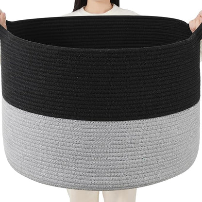 Foldable Laundry Hamper Basket with Collapsible Handle Cotton Rope Soft Woven Fabric Storage Organizer Clothes Toys Nursery Bedroom Dorm Space Saving Bin (Black & Grey, 80L(21.7"D x 13.8"H))