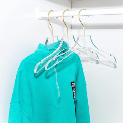 HomeCube USA Clear Acrylic Clothes Hanger with Gold Hooks – Heavy Duty Lucite Closet Organizer, Elegant & Sturdy for Shirts, Dresses, Coats, Suits & Boutique Use (5, Small 13")