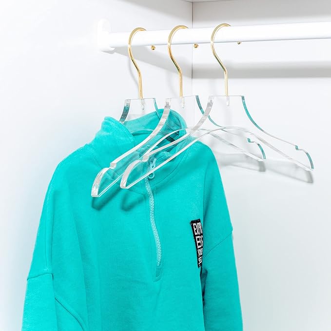 HomeCube USA Clear Acrylic Clothes Hanger with Gold Hooks – Heavy Duty Lucite Closet Organizer, Elegant & Sturdy for Shirts, Dresses, Coats, Suits & Boutique Use (10, Small 13")