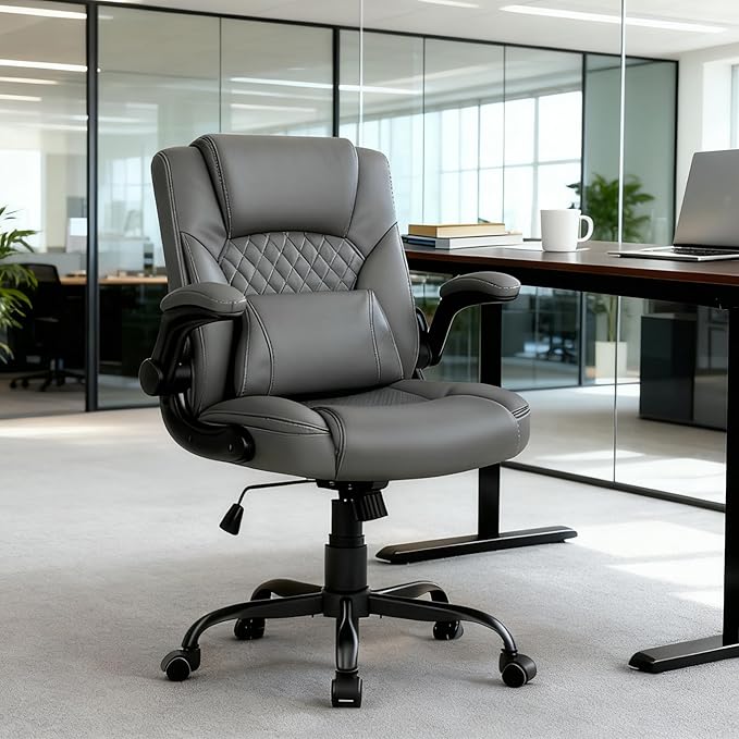 Home Leather Office Chair with Lumbar Support, 5" Padded Seat, Small Rocking Desk Chair, Comfy Computer Chairs with Rolling Wheels & Adjustable Arms for Adults, Grey