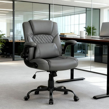 Home Leather Office Chair with Lumbar Support, 5" Padded Seat, Small Rocking Desk Chair, Comfy Computer Chairs with Rolling Wheels & Adjustable Arms for Adults, Grey