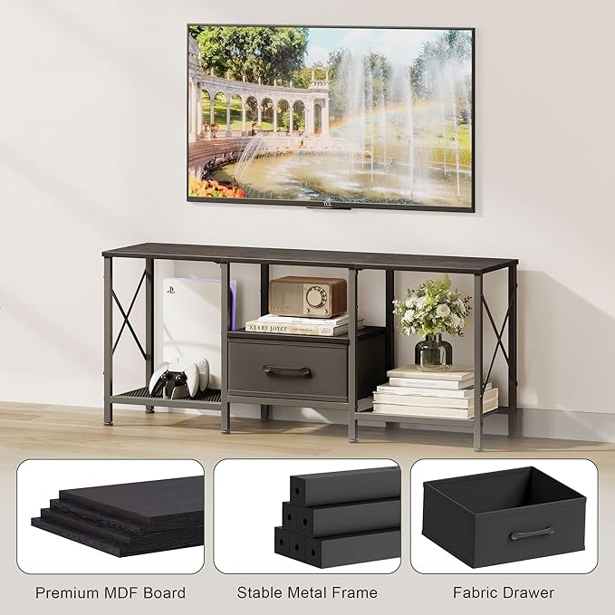 JARHETUN TV Stand with Fabric Drawer, Entertainment Center for 50 55 Inch TV, Industrial TV Console Table with Open Storage Shelves for Living Room, Bedroom, Black