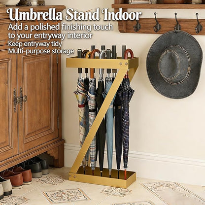 Gold Entryway Umbrella Holder - Indoor Umbrella Stand with Hooks, Stores Umbrellas & Canes, Anti-tip Design for Homes, Offices, Hotel Lobbies
