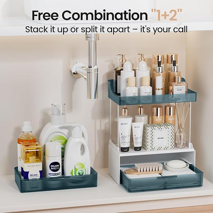 Delamu Bathroom Organizers and Storage, 2 Tier 2 Drawer Makeup Organizer Countertop, Easy to Install, Ideal for Bathroom Counter, Vanity, Ideal for Women Girls, Blue