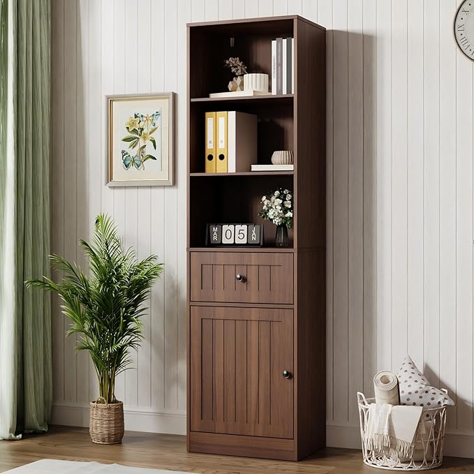 Farmhouse 71" Tall Bookshelf with Drawer, Narrow Bookcase with Adjustable Left/Right Door, Adjustable Shelf, Freestanding Display Book Shelf for Bedroom,Living Room, Office, Walnut