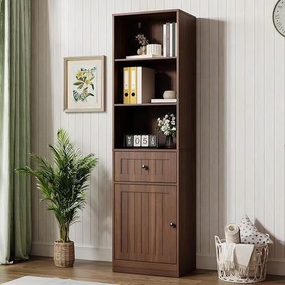 Farmhouse 71" Tall Bookshelf with Drawer, Narrow Bookcase with Adjustable Left/Right Door, Adjustable Shelf, Freestanding Display Book Shelf for Bedroom,Living Room, Office, Walnut