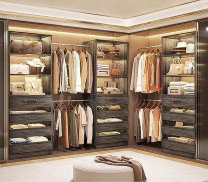 Aheaplus Closet System with 12 Drawers, 8.5-11.5Ft Wood Closet Organizer System with 4 Hang Rods & 3 Towers, 4Ft & 6Ft L-Shaped Walk-in Closets Wardrobe Organizer Clothes Rack, Set of 3, Black Oak1
