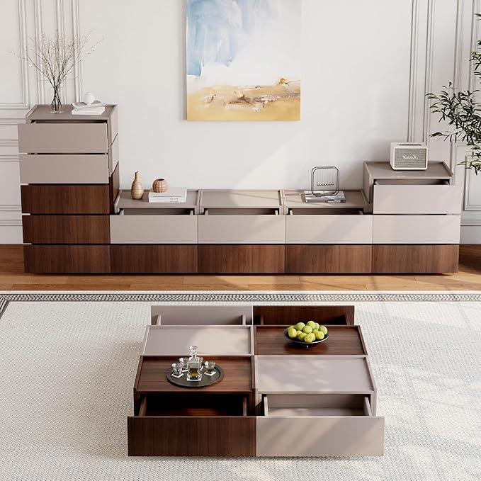 Coffee Table with Storage,Modern Center Table with 4 Hidden Drawers for Living Room,Rectangle Coffee Table for Home Furniture,Bedroom,Beige Gray and Dark Walnut