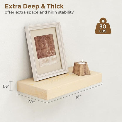 Marsmiles Natural Wood Floating Shelves | Unfinished Wood Wall Shelves Set of 2 | 16" W x 7.7" D x 1.6" H Natural Wooden Shelves for Bathroom Living Room Kitchen