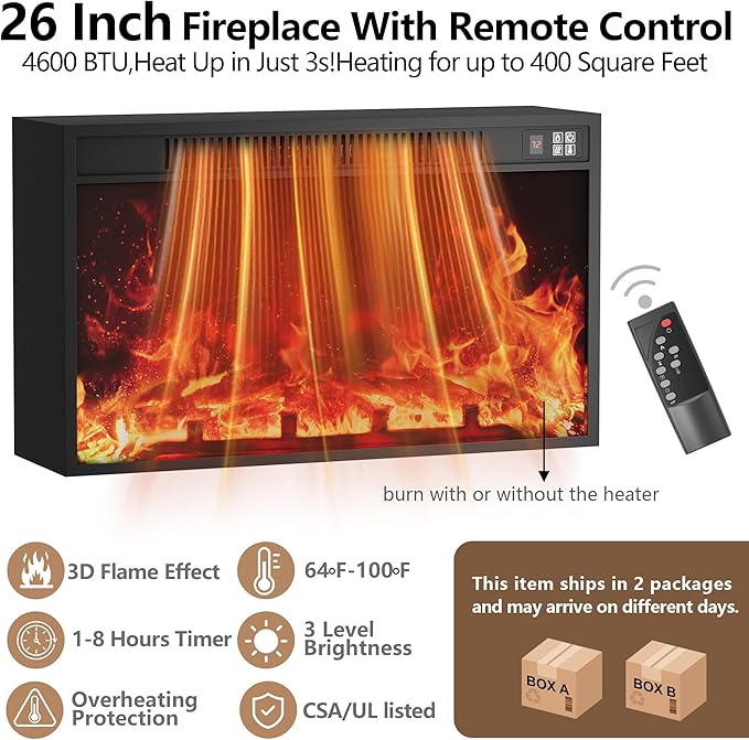 JUMMICO Fireplace TV Stand for 65+ Inch TV with 26'' Fireplace Entertainment Center with Storage Cabinet and Adjustable Shelves, Media Console with Sliding Barn Door for Living Room (Brown)