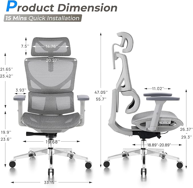 CabBase C1 Pro Ergonomic Mesh Office Chair - 6‘6“ Big & Tall Home Office Desk Chairs Seat Depth Adjustable with Lumbar Support - Back Height Adjustable Computer Task Chair with Headrest