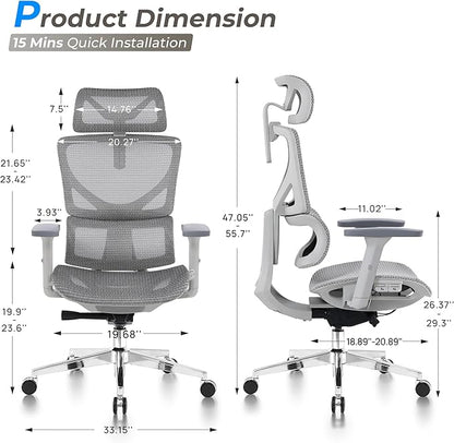 CabBase C1 Pro Ergonomic Mesh Office Chair - 6‘6“ Big & Tall Home Office Desk Chairs Seat Depth Adjustable with Lumbar Support - Back Height Adjustable Computer Task Chair with Headrest