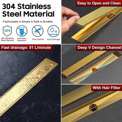 DLONE Linear Shower Drain | 28" AISI 304 Stainless Steel Linear Drain, Brushed Glod Shower Drain with Tile Insert Panel & Adjustable Feet, Long Rectangle Shower Floor Drain in Bathroom, Balcony, etc