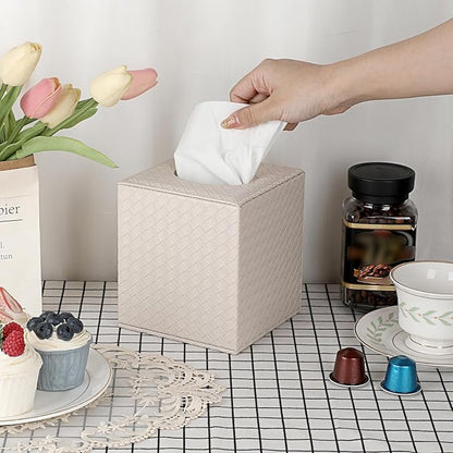 Sumnacon Square Tissue Box Cover, Stylish PU Woven Lozenge Pattern Tissue Box Holder with Magnetic Bottom, Classic Style, Beige