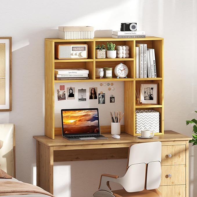 Desk Hutch, Desktop Shelf with 7 Shelves, Desk Bookshelf w/Anti-Toppling Devices, Wood Table Top Bookshelf Organizer, Small Desk Shelf for Study, Office, Dorm (Burlywood, 7 Shelves)