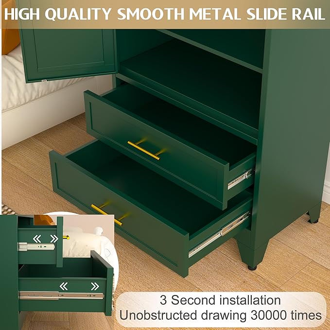 71" Metal Wardrobe Cabinet with 2 Doors, 1 Adjustable Shelf and 2 Drawers, Metal Clothing Storage Cabinets with Hanging Rod, Armoire Wardrobe Closet for Bedroom, Cloak Room, Gym (Green)