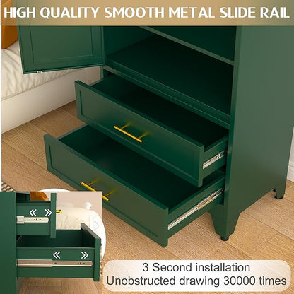 71" Metal Wardrobe Cabinet with 2 Doors, 1 Adjustable Shelf and 2 Drawers, Metal Clothing Storage Cabinets with Hanging Rod, Armoire Wardrobe Closet for Bedroom, Cloak Room, Gym (Green)