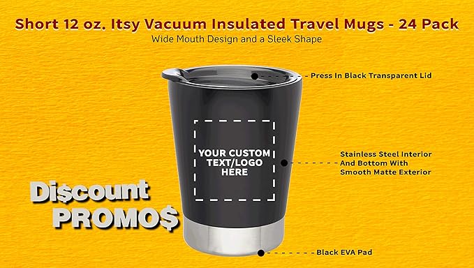Personalized 12 oz. Itsy Vacuum Insulated Travel Mugs - 24 Pack - Custom Text, Logo - Black