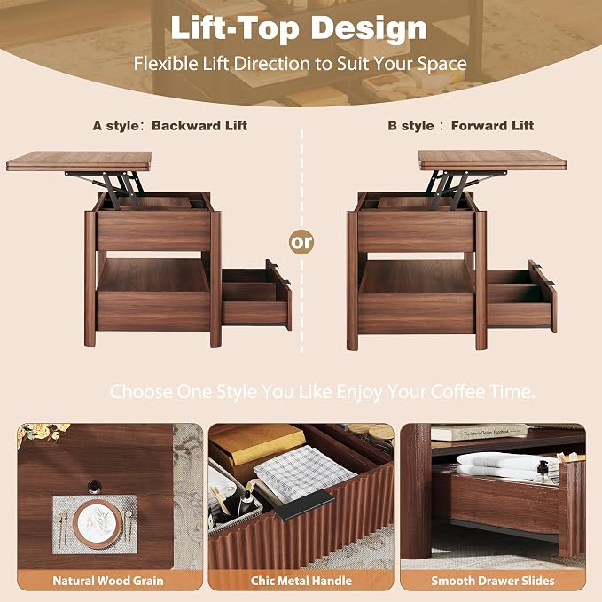 HUAHUU 40" Lift Top Coffee Table, 4 in 1 Square Coffee Table with Storage Shelf & 2 Drawers, Modern Coffee Tables with Lift Tabletop, Converts to Dining Table for Living Room, Home Office, Walnut
