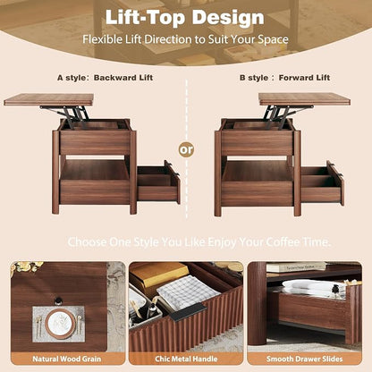 HUAHUU 40" Lift Top Coffee Table, 4 in 1 Square Coffee Table with Storage Shelf & 2 Drawers, Modern Coffee Tables with Lift Tabletop, Converts to Dining Table for Living Room, Home Office, Walnut