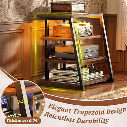Armocity 4-Tier AV Media Stand with Power Strips, Corner TV Stand with LED Lights, Rack Audio Tower with Adjustable Shelves, Corner Entertainment Center, 30'', Black Walnut