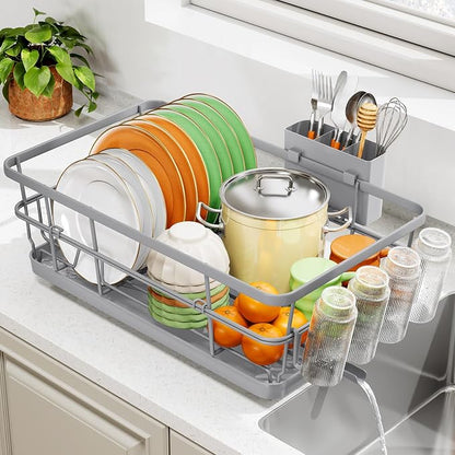TOOLF Dish Drying Rack, Dish Racks for Kitchen Counter, Stainless Steel Sink Organization and Storage Essentials with Cutlery Holder, Dish Drainer, Home and Apartment Decor, 12.4''W x 16.5''L, Gray