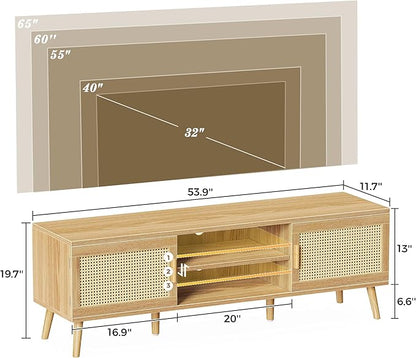 SUPERJARE Boho TV Stand for 65 Inch TV, Entertainment Center with Adjustable Shelf, Rattan TV Console with 2 Cabinets, Media Console, Solid Wood Feet, 4 Cord Holes, for Living Room - Natural