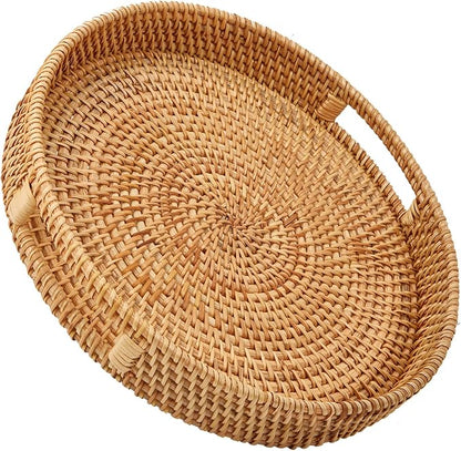 Whalehub Round Rattan Serving Tray with Handles, Hand Woven Basket, Home Decor Organizer Tray for Breakfast, Tea, Snack, Fruit, Coffee,Storage (Medium)(11.9inchX1.7inch)